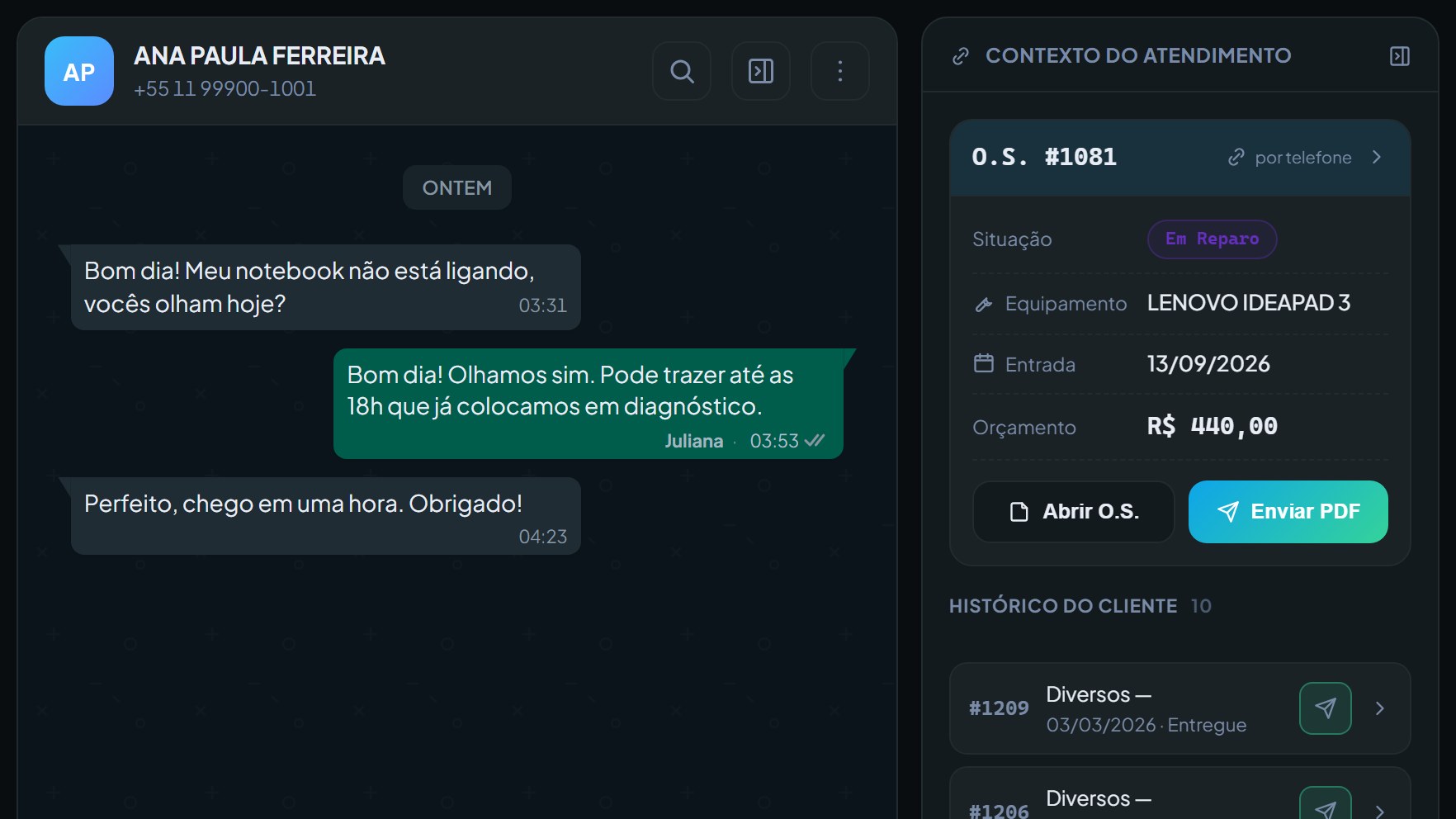 Tela de atendimento do WhatsApp com a conversa do cliente e a O.S. dele ao lado
