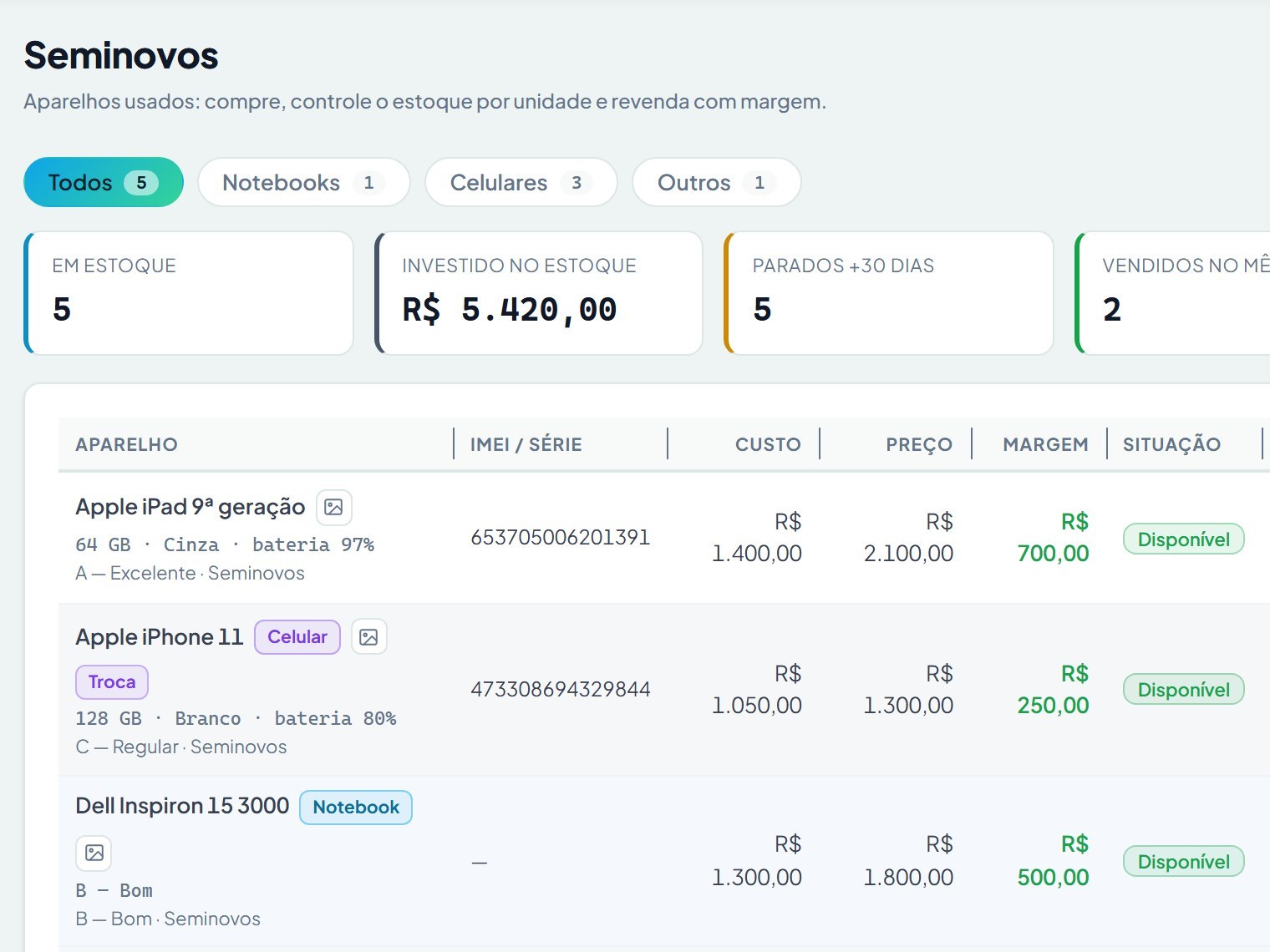 Tela de Seminovos com aparelhos em estoque, custo, preço, margem e situação